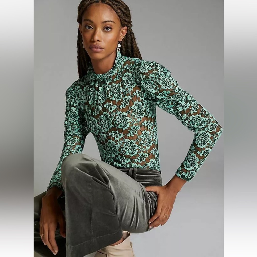 Anthropologie Mint Green Floral Lace Long-Sleeve Mock Neck Top - Picture 2 of 10